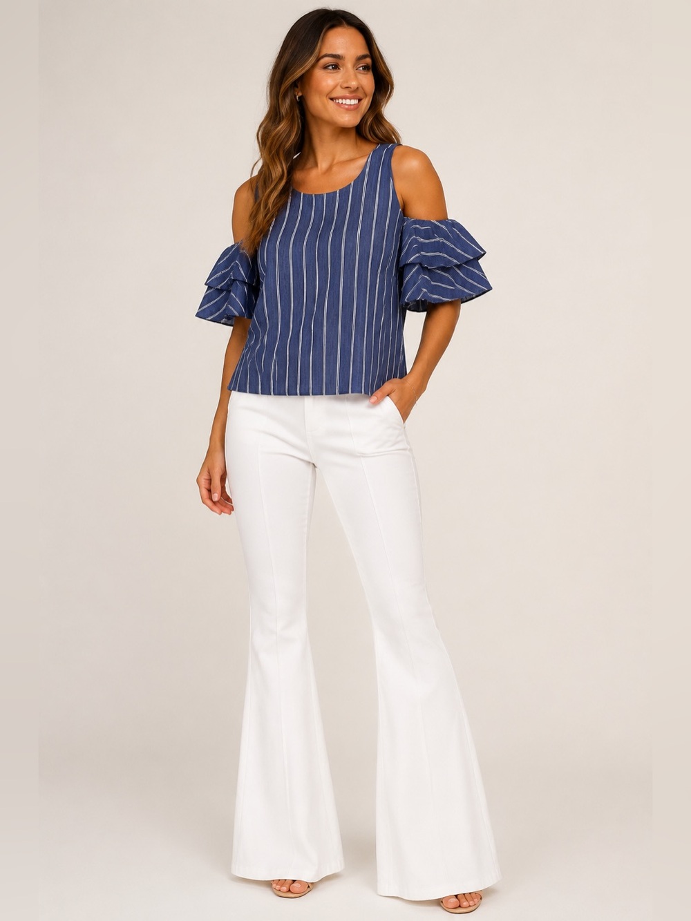 ELLIATT from revolve Navy Pinstripe Cold Shoulder Ruffle Sleeve Top